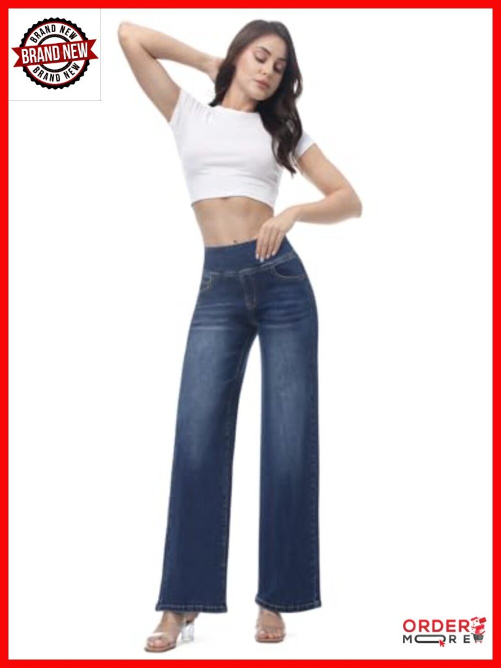 Pull On Wide Leg Jeans High Waisted Stretchy Tummy Control Denim Pants - Picture 6 of 6